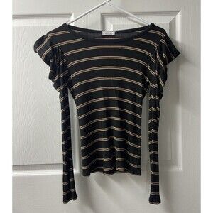 La Made Top Womens small Black Tan Knit Striped Pullover Puff Sleeves Ribbed